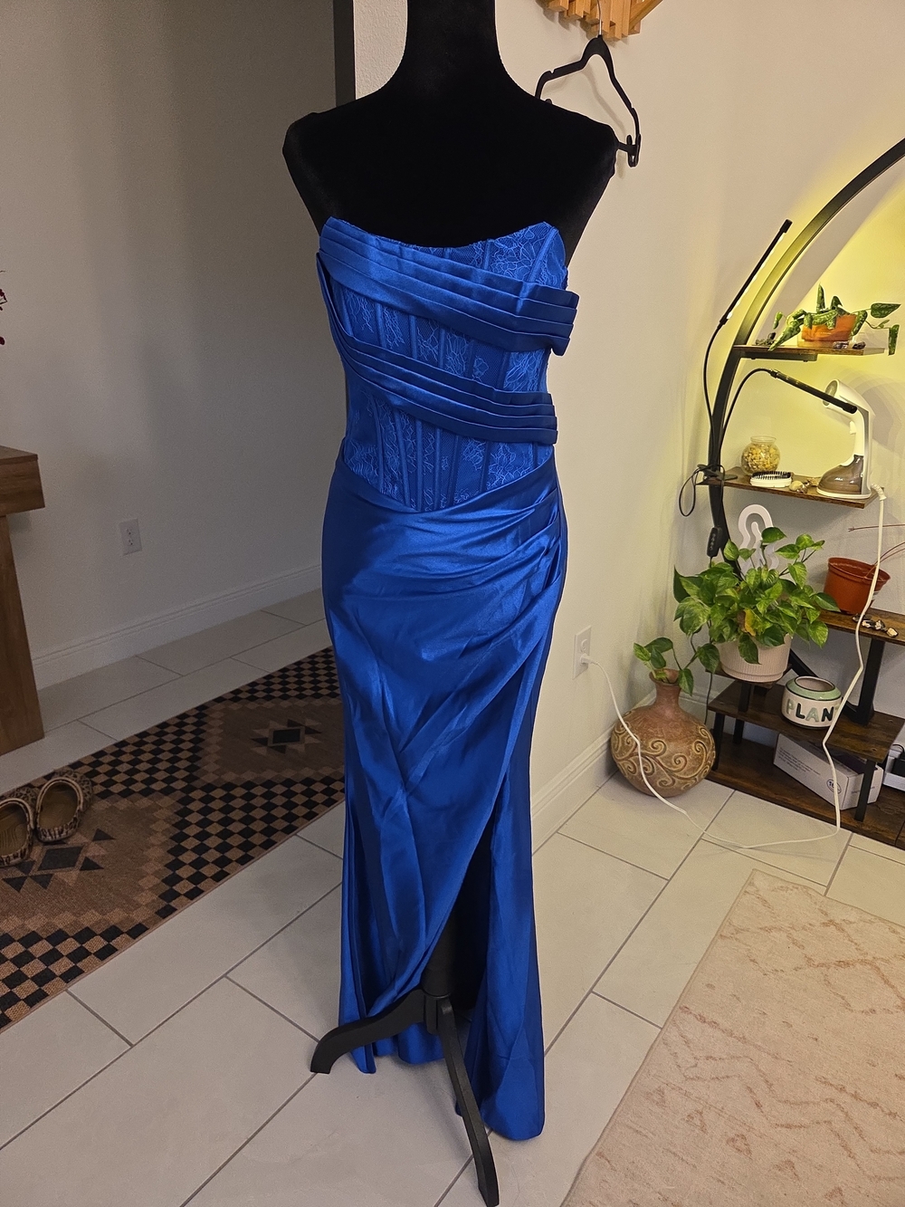 Royal Blue Corset Prom Formal Dress Satin Ruched High Slit Sz M - Picture 2 of 5